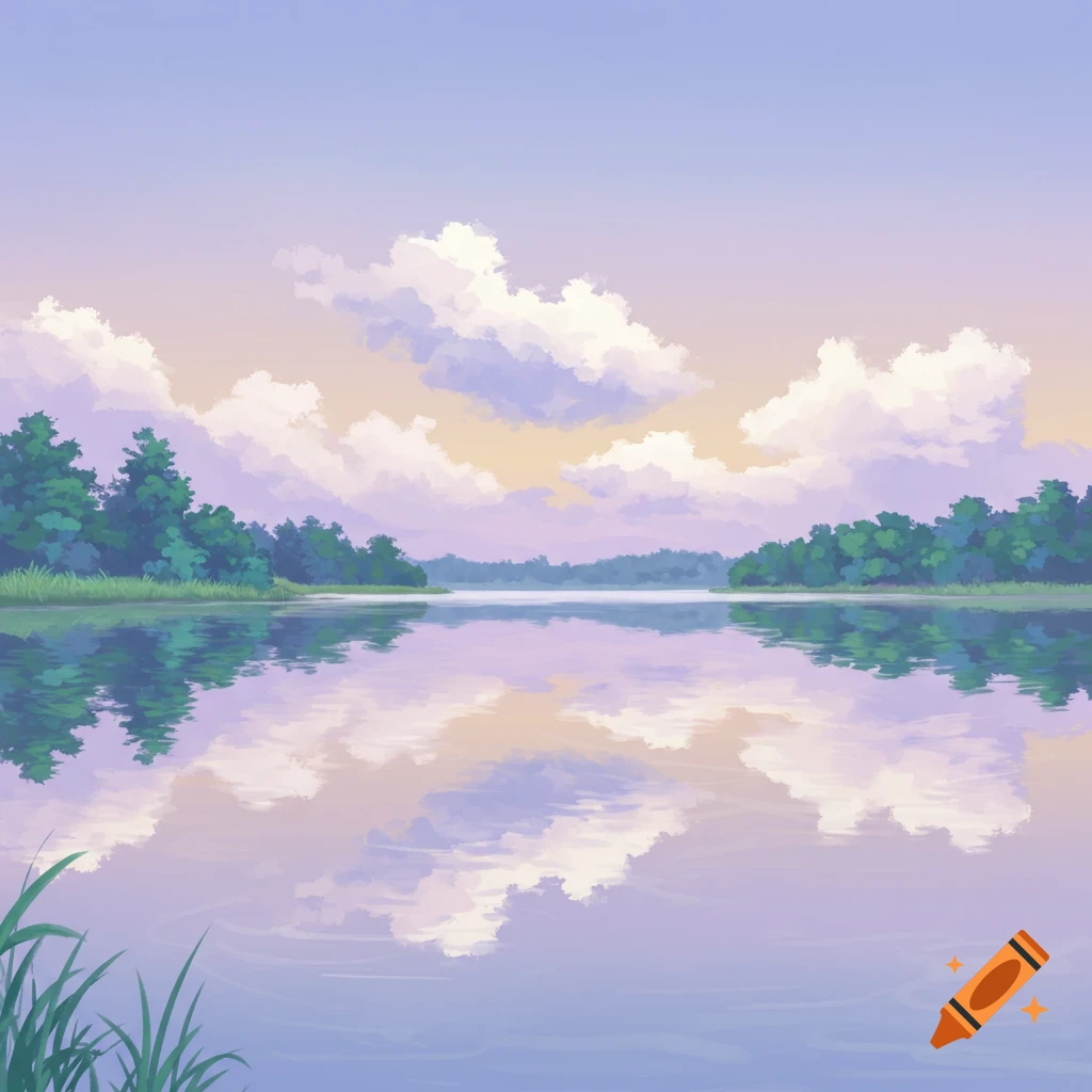 An illustration of a calm lake reflecting trees and clouds under a soft pastel sky.