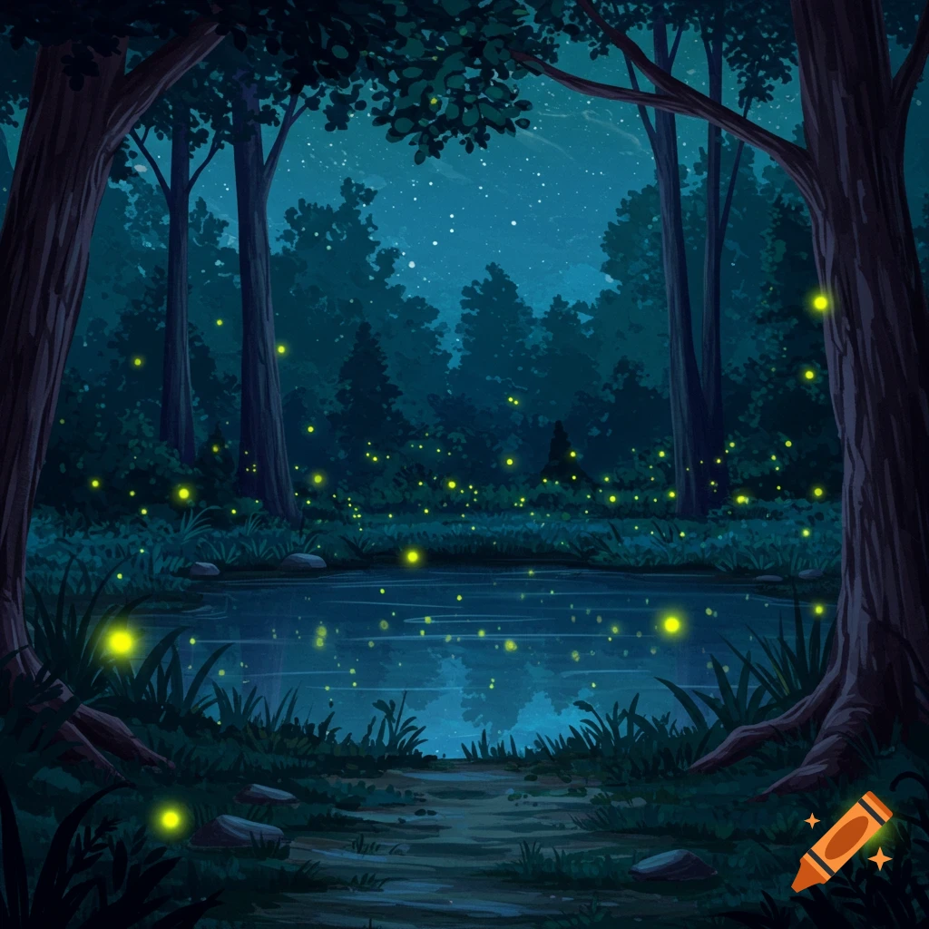 Illustrated forest at night with pond and fireflies