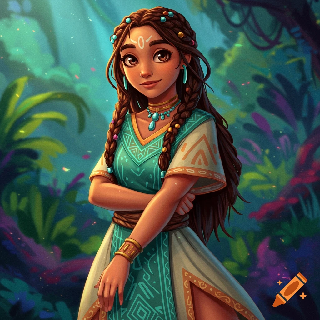 Stylized illustration of a young woman with braided hair and beads in a vibrant forest setting.