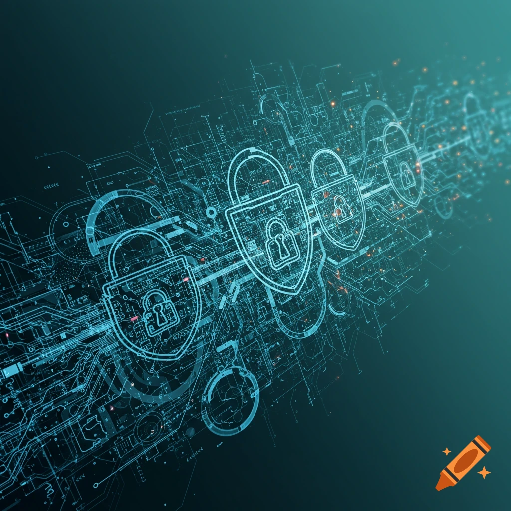 Digital circuit board with abstract lock symbols representing security