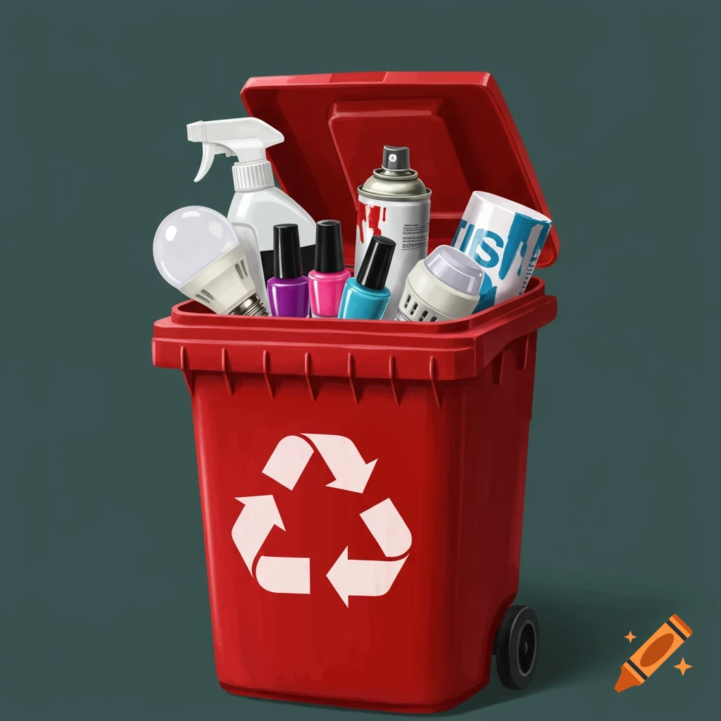 Red household hazardous waste container with cleaner, nail polish, light bulb, paint, and aerosol can.