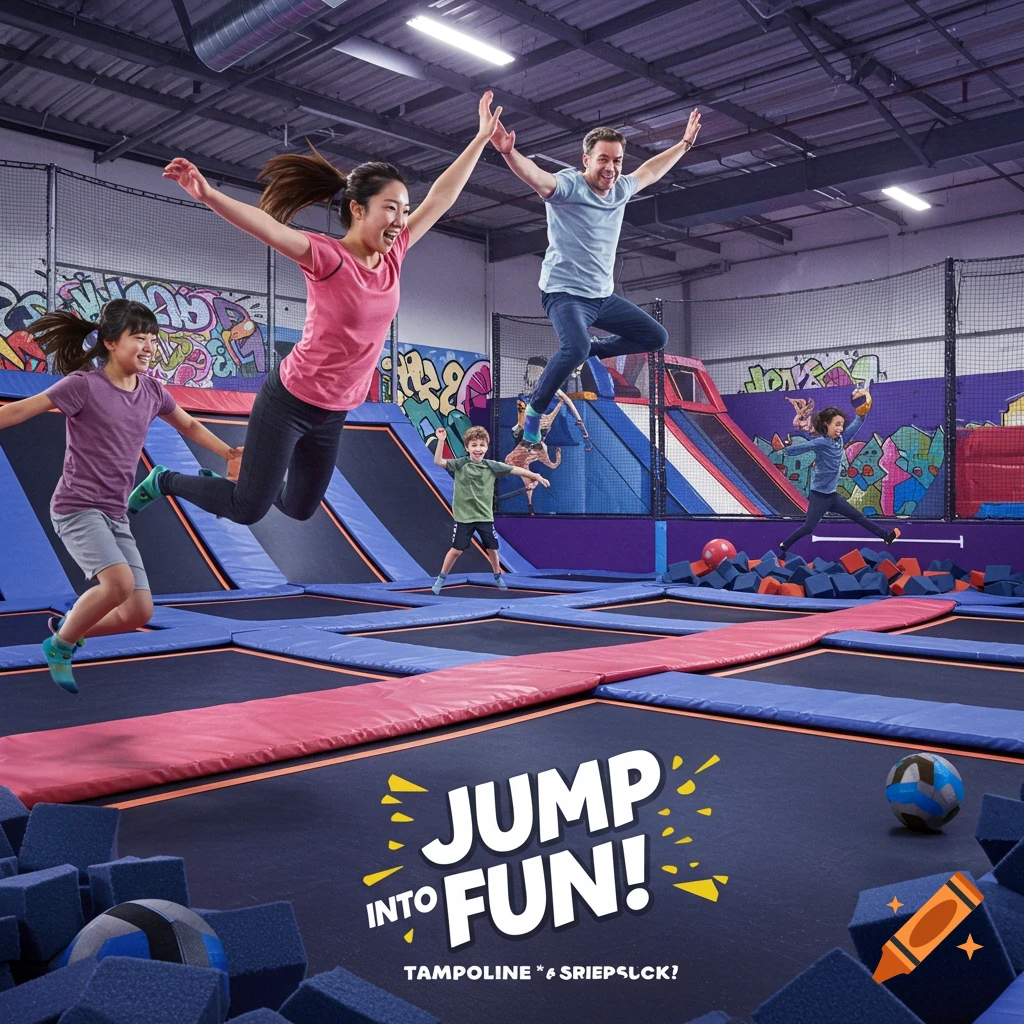 Family jumping at an indoor trampoline park
