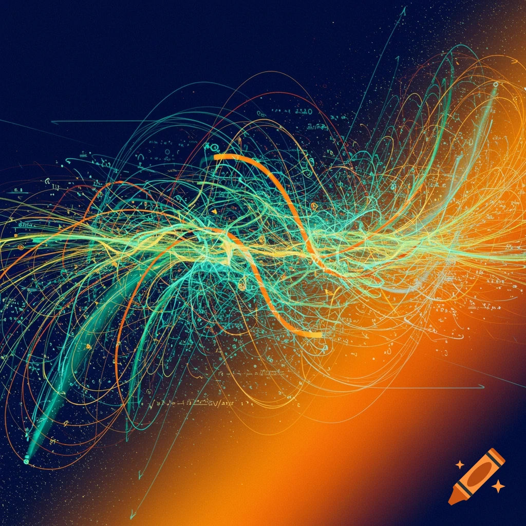 Abstract visualization of exponential functions with flowing orange and teal lines and scattered symbols on a dark background.