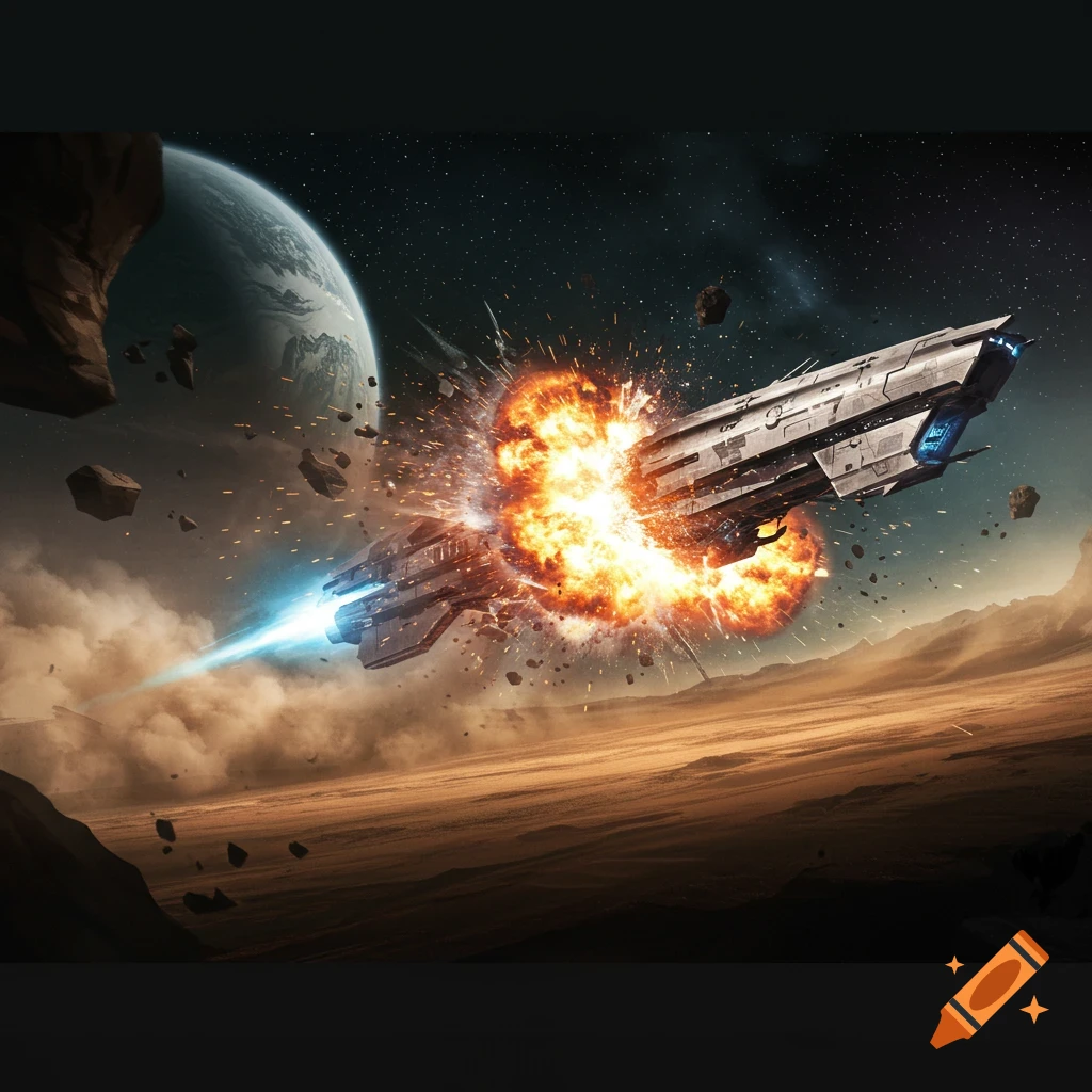 Spaceship explodes in space near a planet with debris