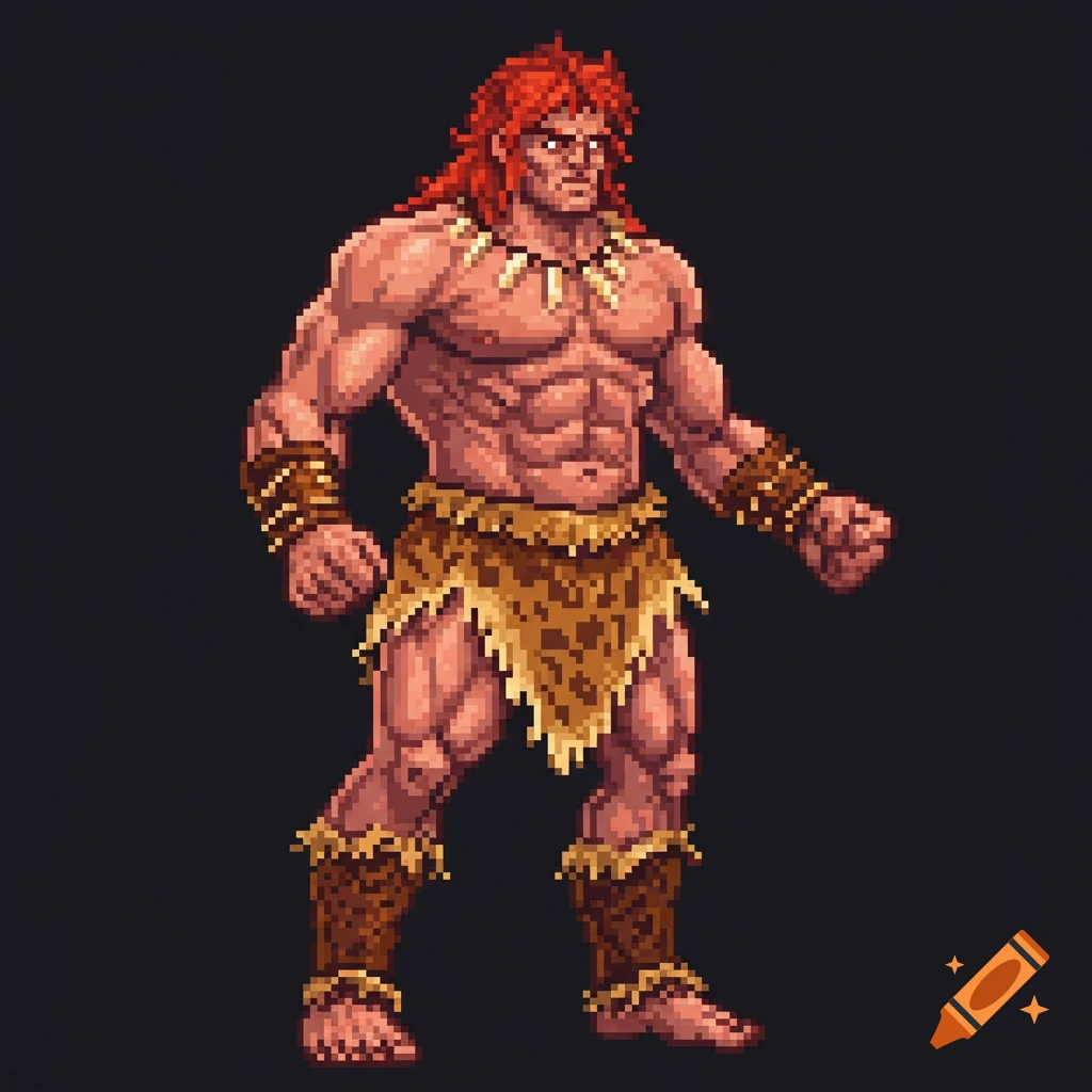 Pixel art illustration of a muscular man with red hair wearing animal skin clothing.