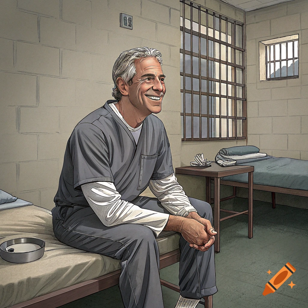 Illustration of a smiling man in prison uniform sitting on a bed in a cell.