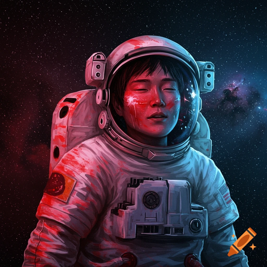 Illustrative portrait of an astronaut in space with red marks on their face and suit.