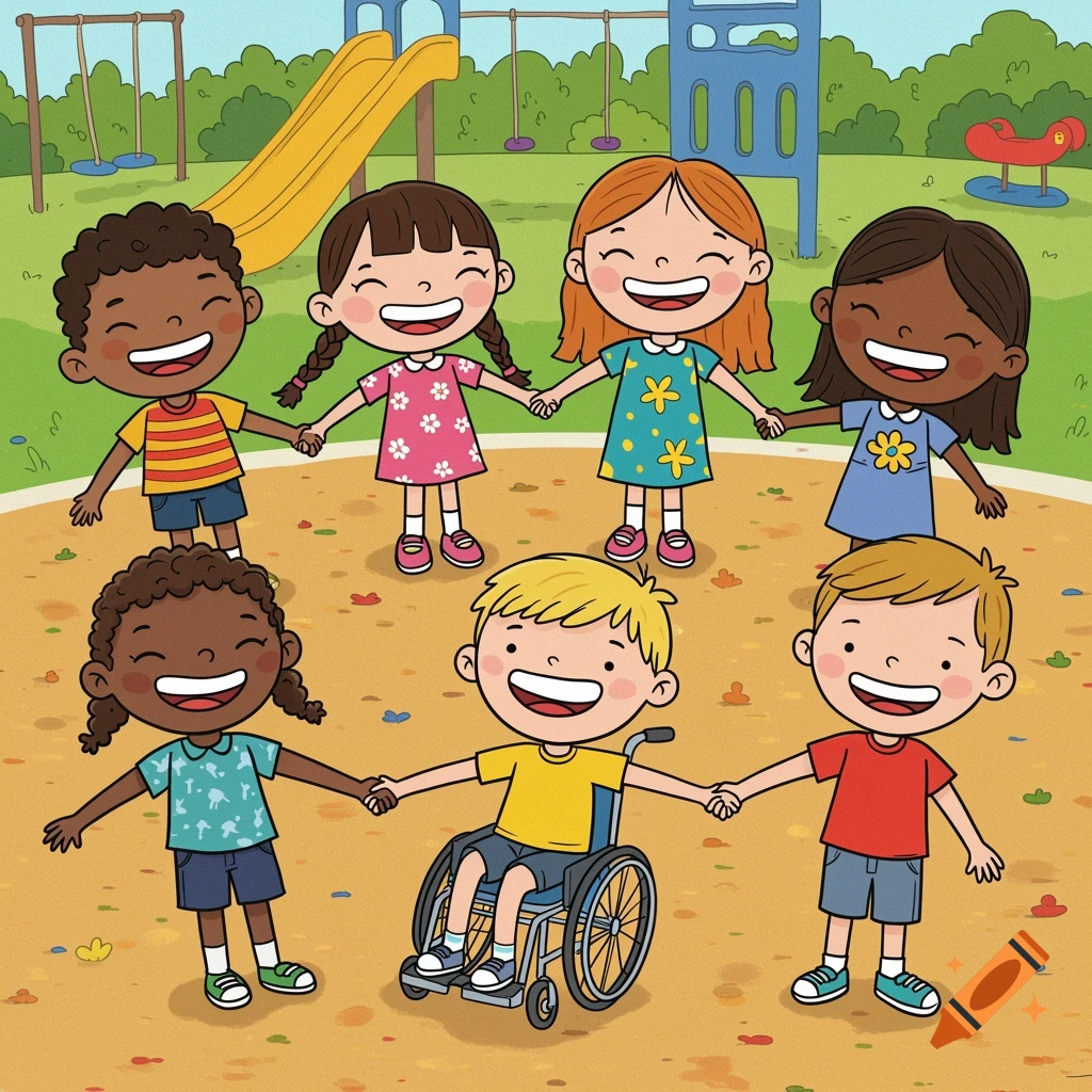 Cartoon illustration of diverse children holding hands in a playground, one child is in a wheelchair.