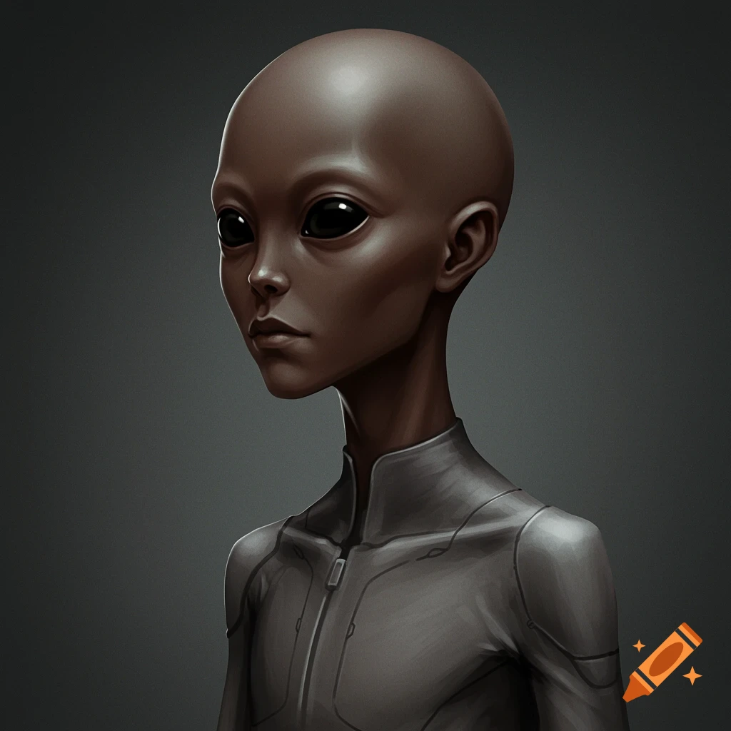 Portrait of a dark-skinned, bald alien with black eyes wearing a grey jumpsuit