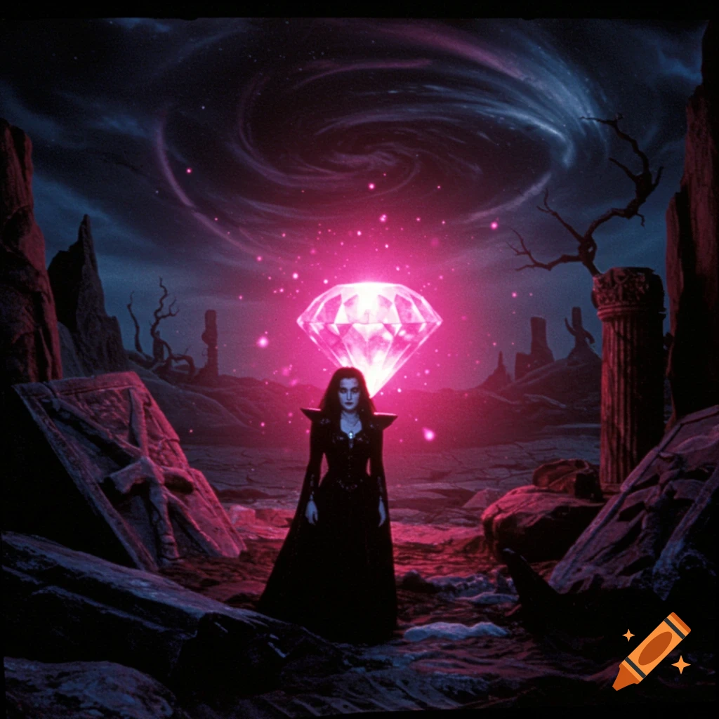 A woman in dark clothing stands before a glowing pink diamond in a desolate fantasy landscape.