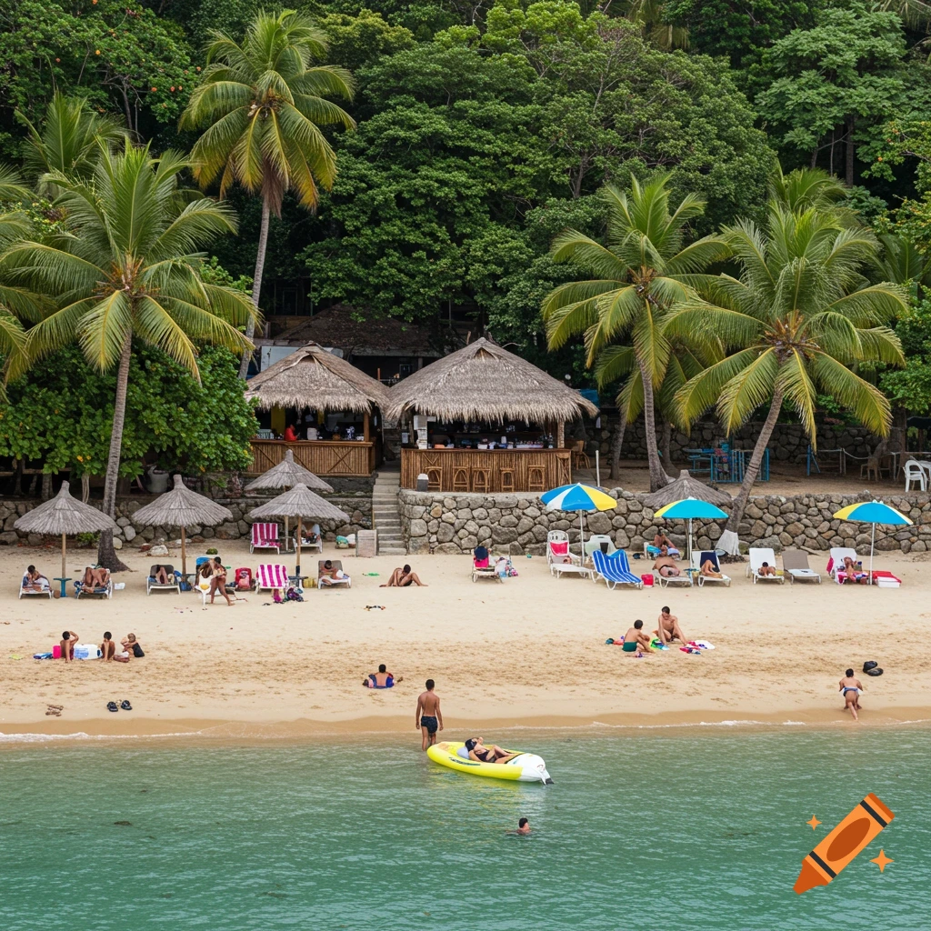A lively beach scene with people relaxing on chairs and towels, palm trees, thatched huts with bars, and colorful umbrellas lining the sandy shore by turquoise water.