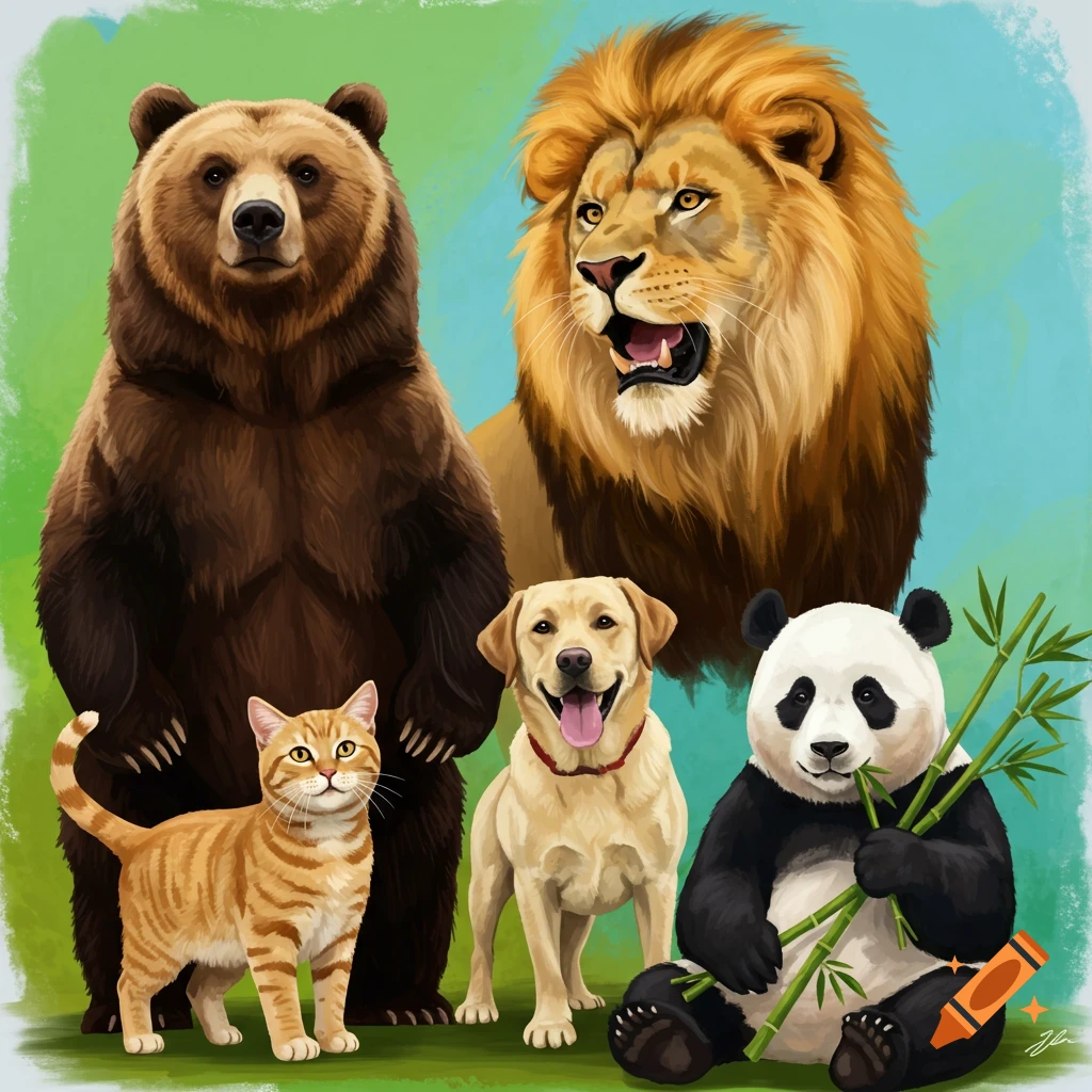 Painterly illustration of a bear, lion, cat, dog, and panda standing together.