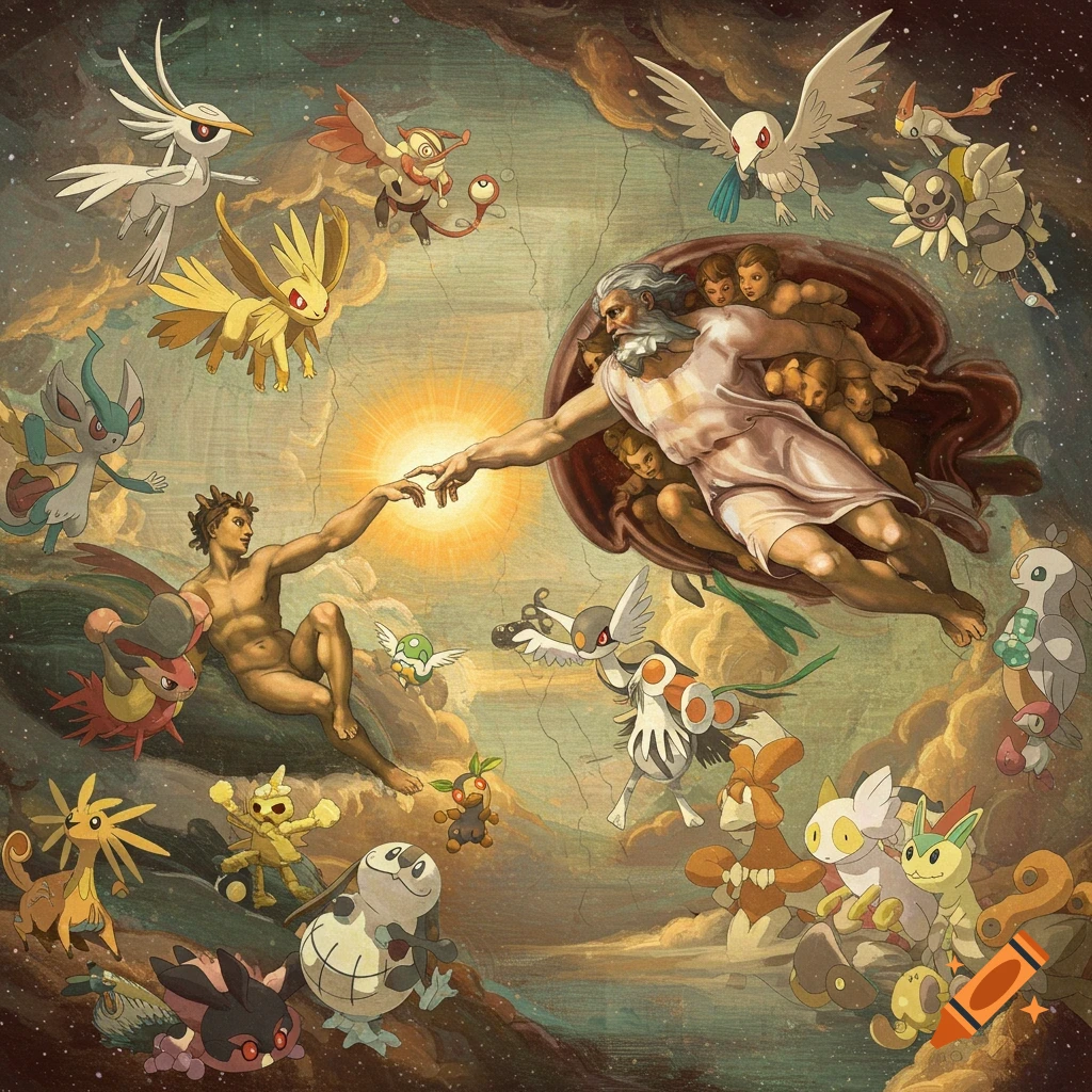 Parody of The Creation of Adam with figures surrounded by Pokemon in the sky.