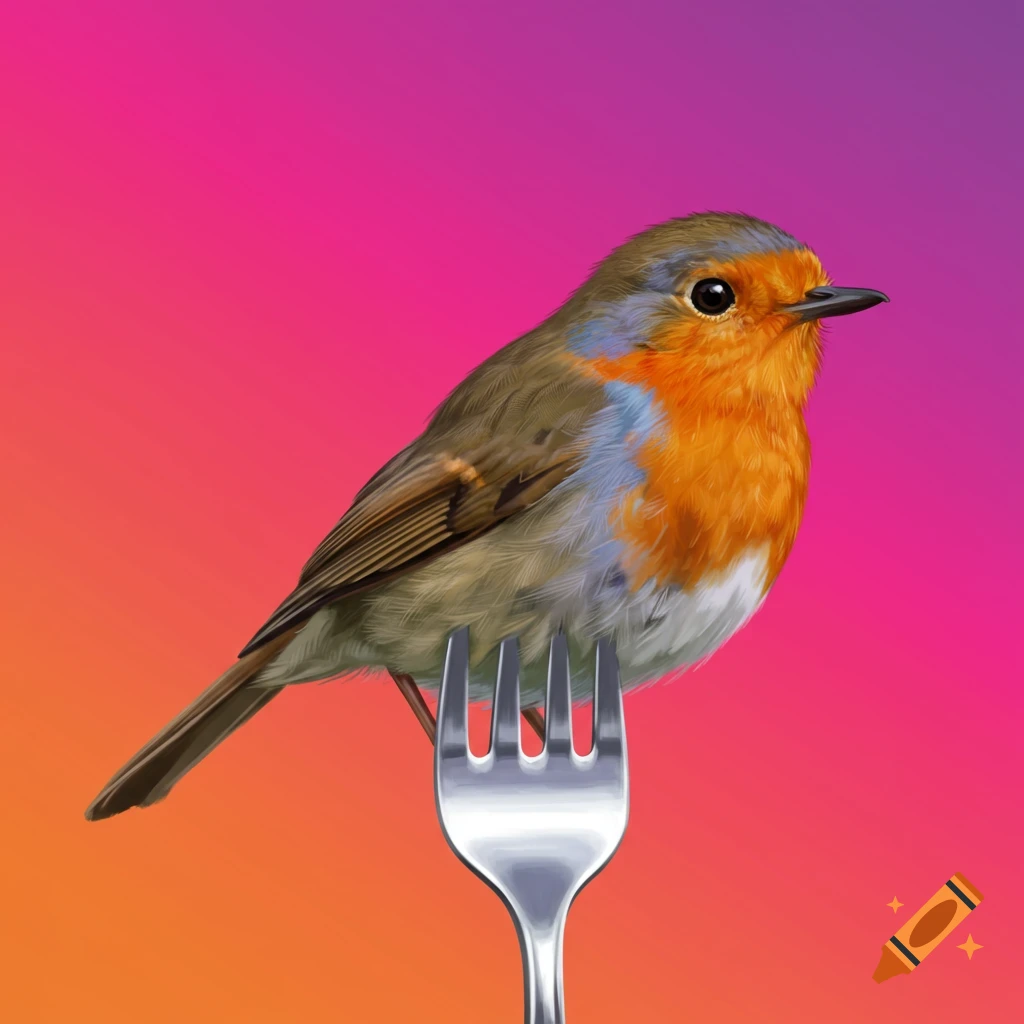 An illustration of a robin bird sitting on a fork.