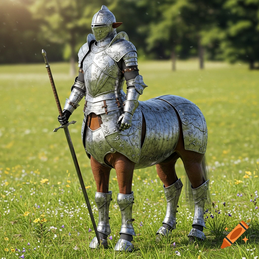 A centaur clad in full plate armor stands in a grassy meadow. on Craiyon
