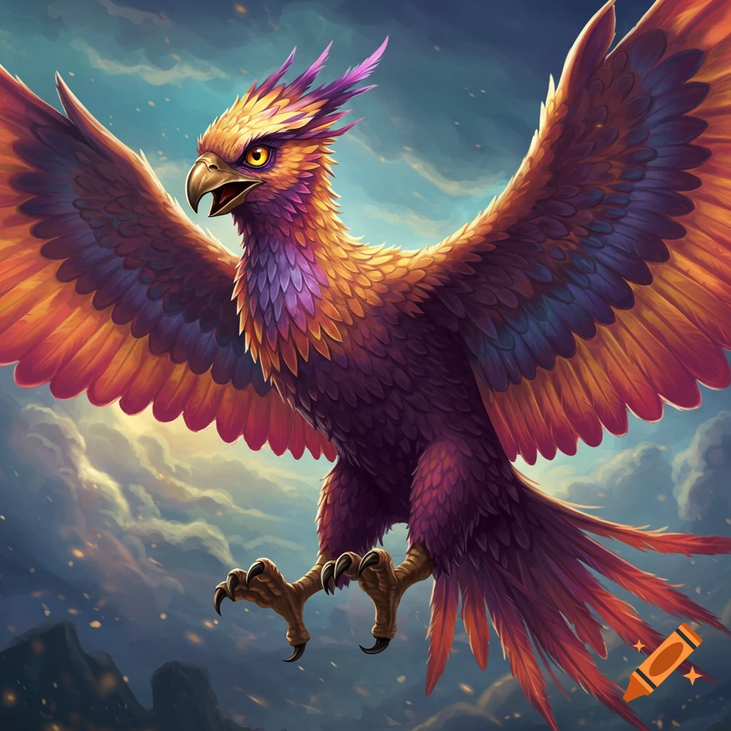 A vibrant fantasy thunderbird flying through a cloudy sky.