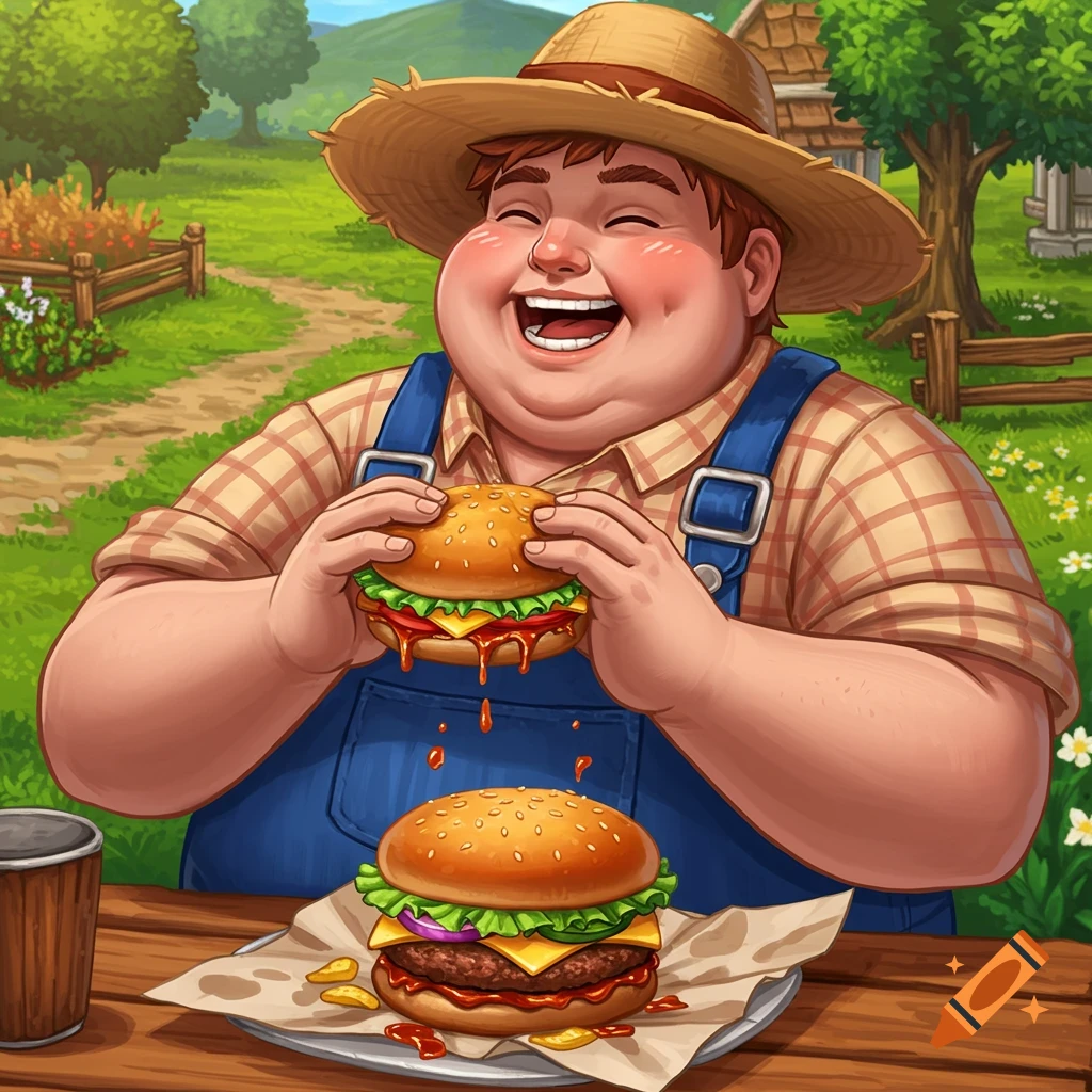Cartoon farmer in overalls and a straw hat happily eating a burger in a rural setting.