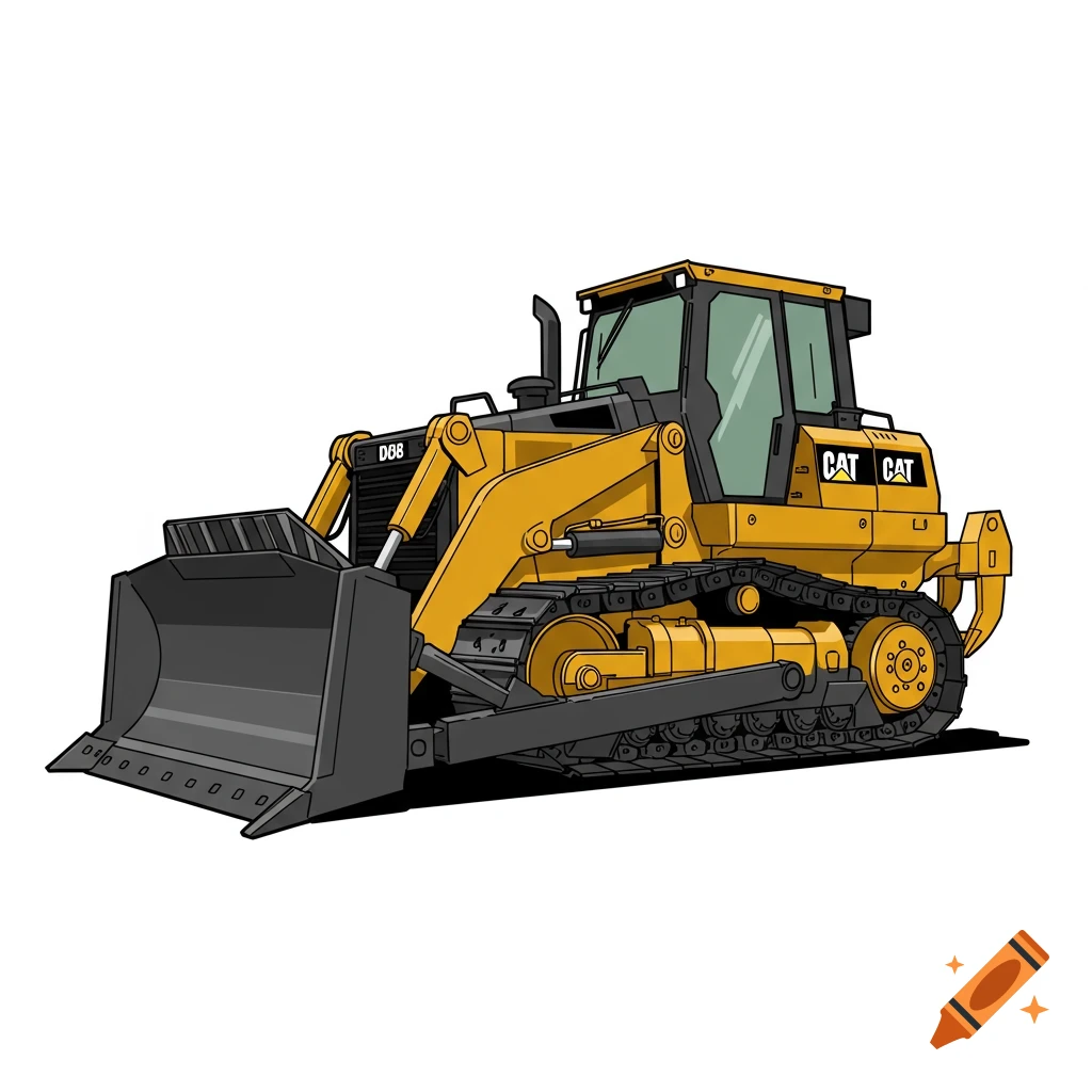 A stylized illustration of a yellow and black bulldozer.