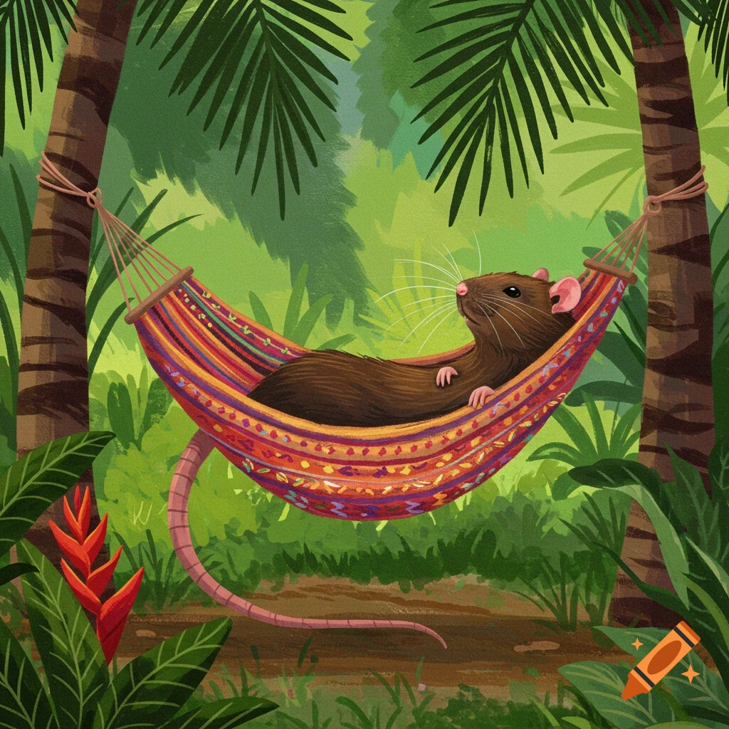 An illustration of a brown rat relaxing in a colorful hammock between palm trees in a jungle.