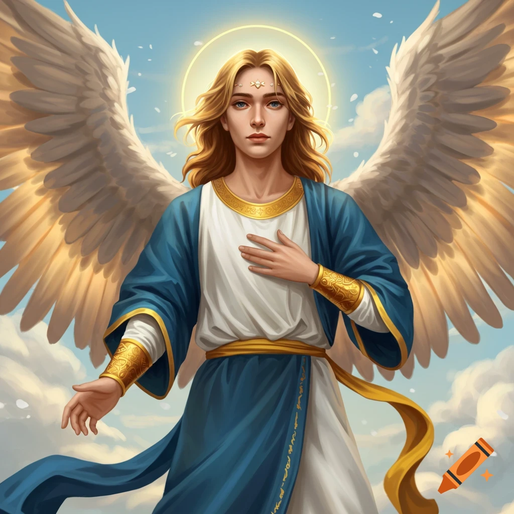 An illustration of an angel with golden wings, a halo, and blond hair, wearing white and blue robes with gold trim.
