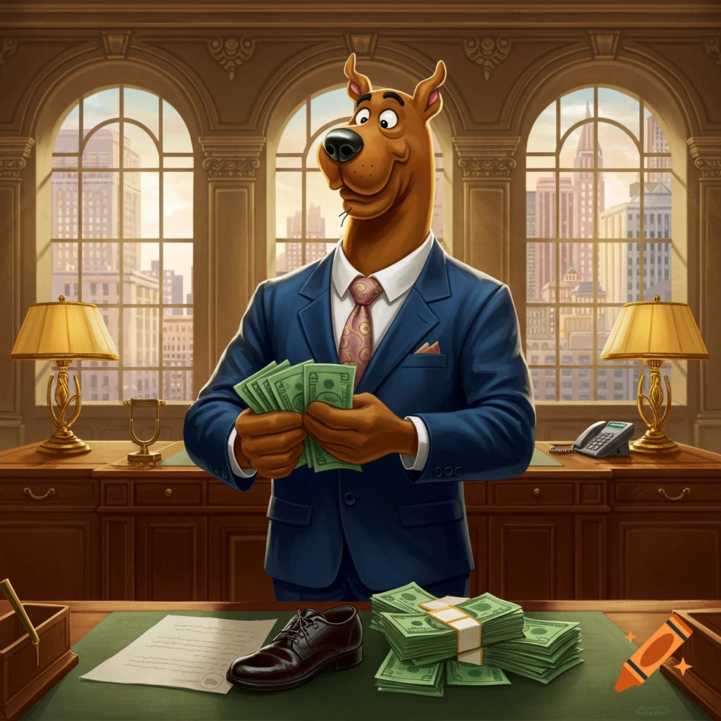 Scooby Doo in a suit counting money at a banker's desk in an office with city views.