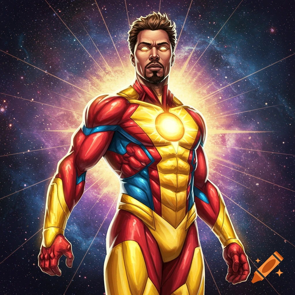 Illustration of a male superhero in a red and yellow suit with glowing eyes and chest against a starry space background.