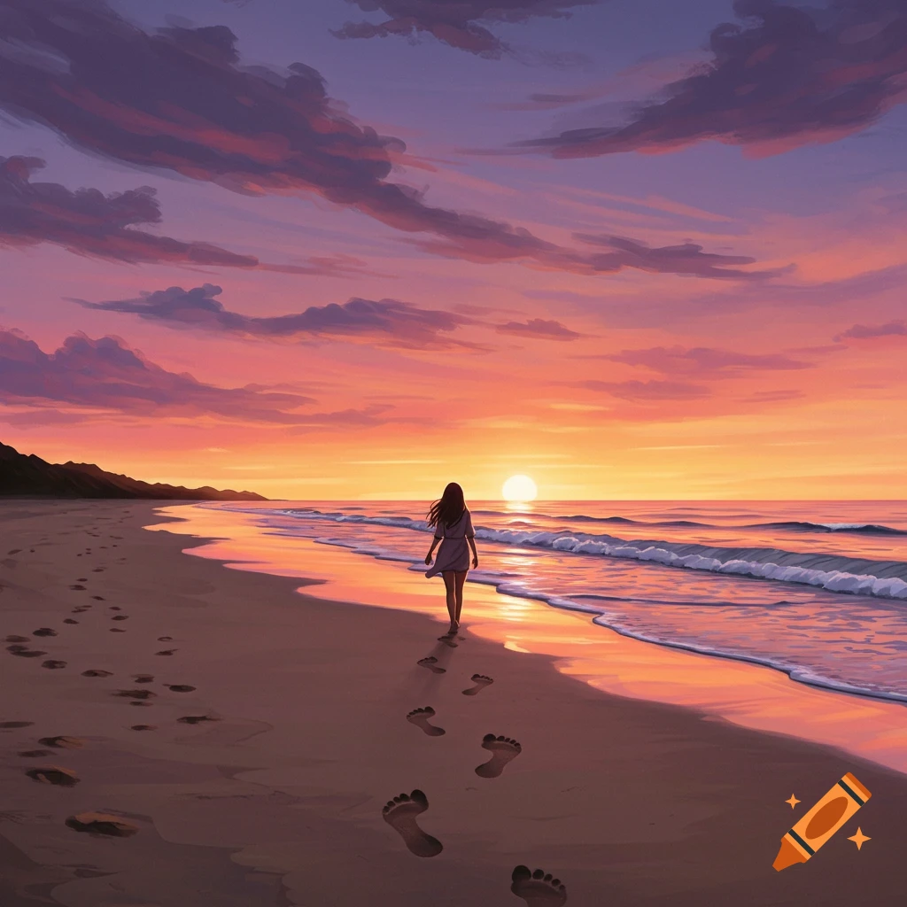 Illustration of a person walking on a beach away from the viewer at sunset, leaving footprints in the sand.