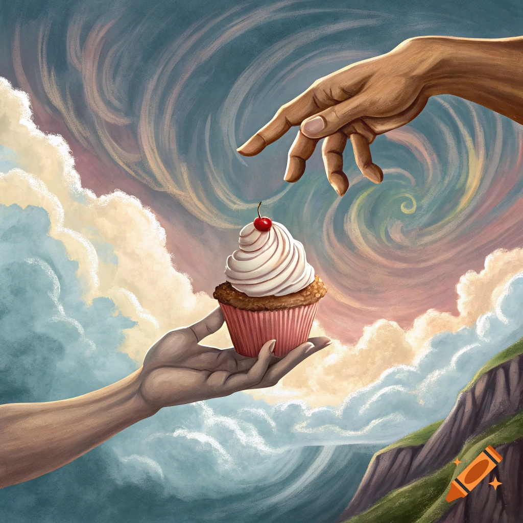 Painterly image of two hands reaching for a cupcake in a cloudy, dramatic sky.
