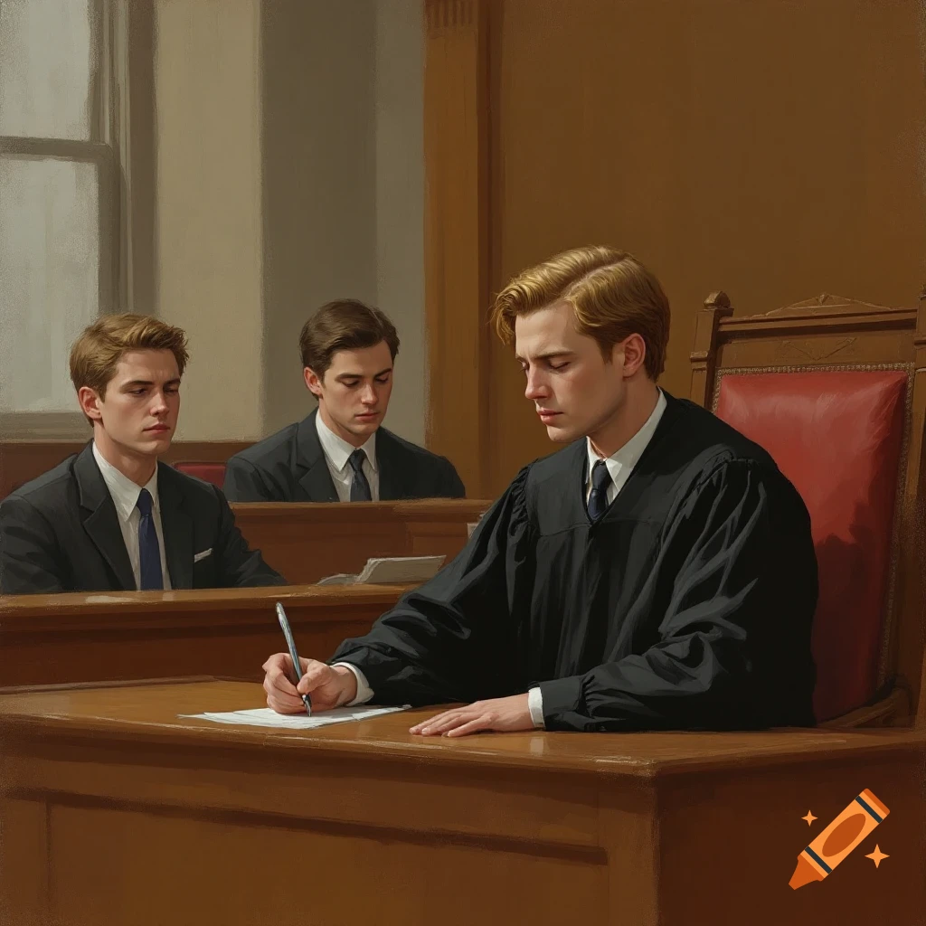 A painting of a judge writing at a bench in a courtroom, with two other men watching.