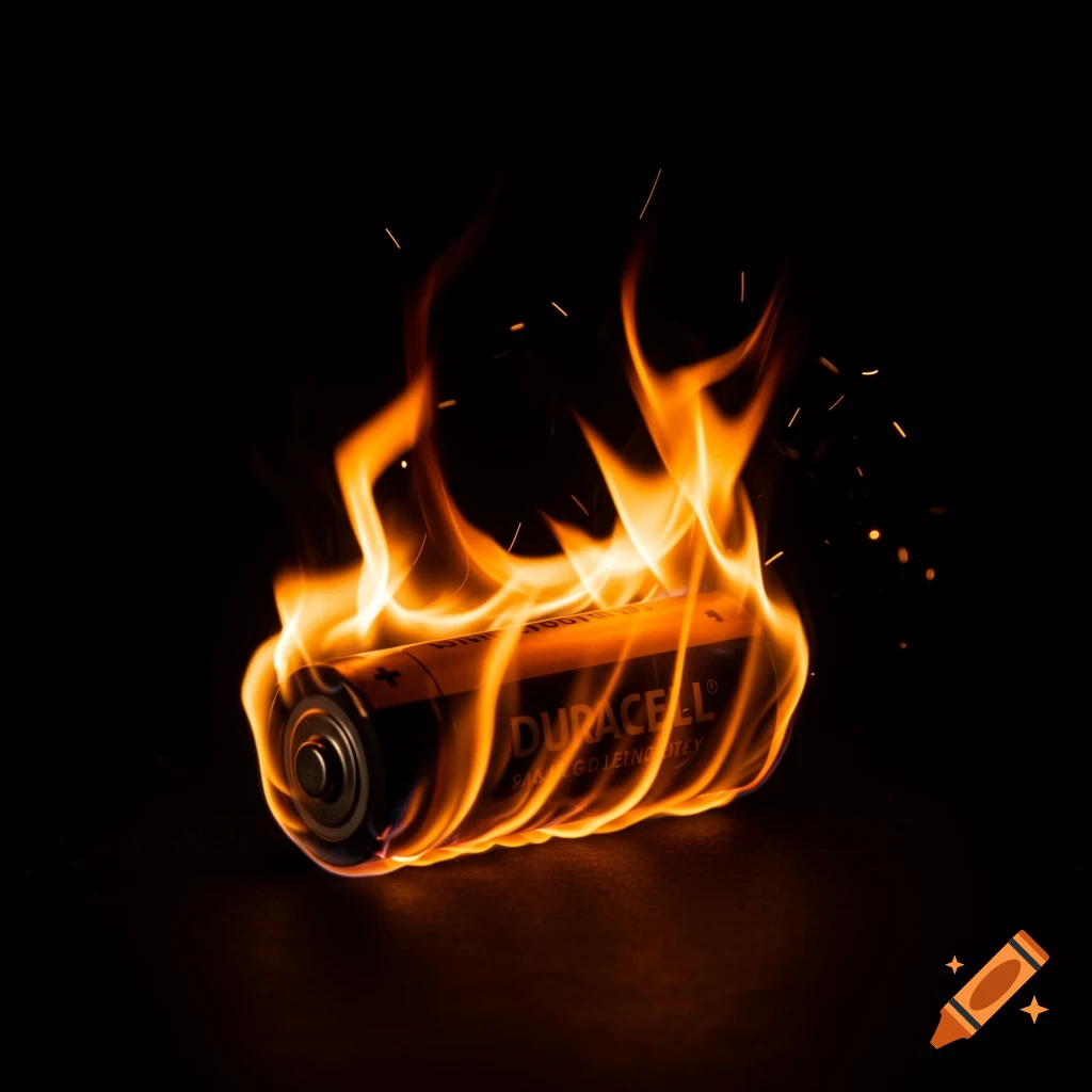 An AAA Duracell battery burns with orange flames and sparks on a black background.