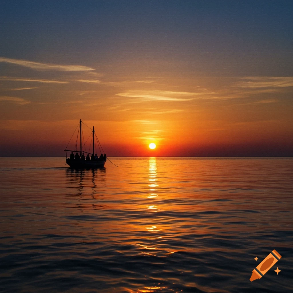 Non-photorealistic oil painting of a boat with people silhouetted against a vibrant orange sunset over the sea.