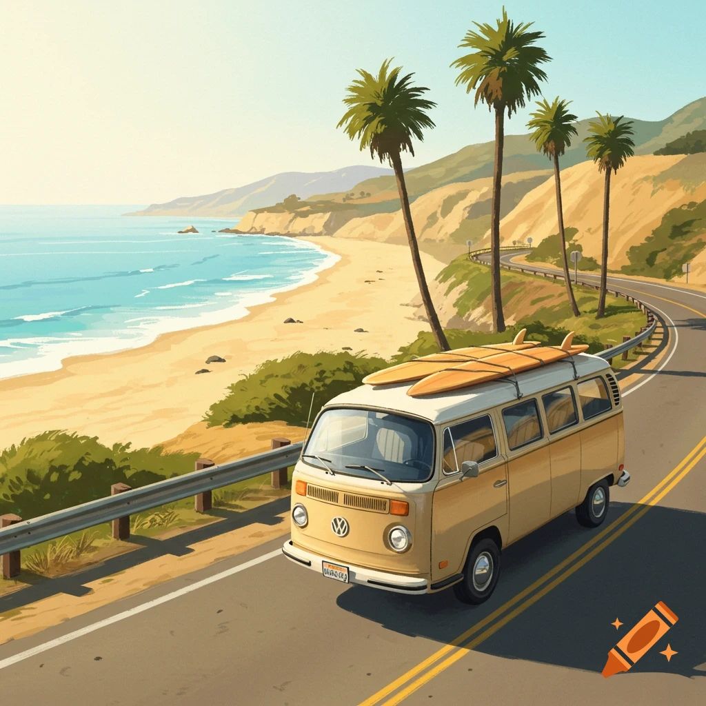 Illustrative image of a VW bus with surfboards on the roof driving on a coastal highway beside a beach with palm trees.