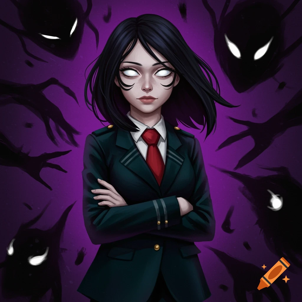 Anime-style portrait of a young woman in a dark school uniform with glowing white eyes, surrounded by shadowy creatures on a purple background.