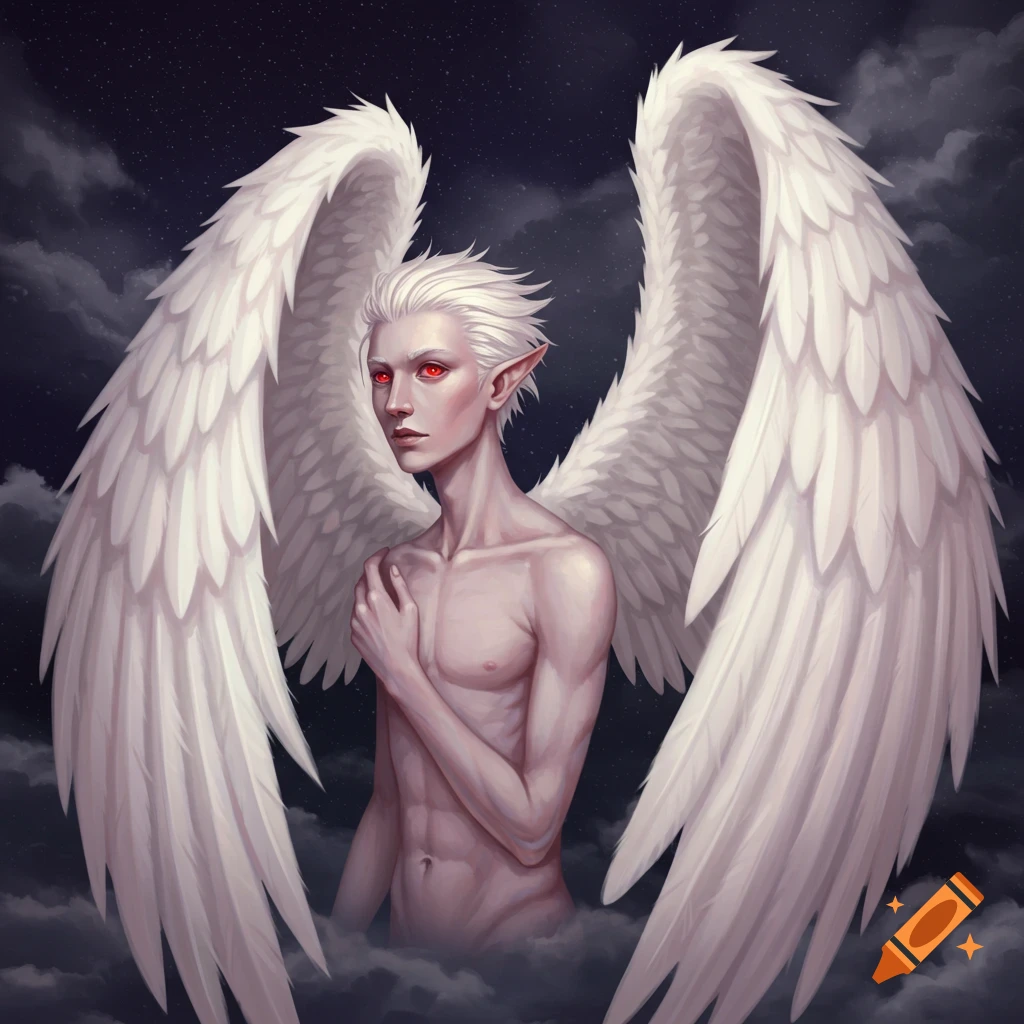 Illustration of a winged figure with white hair and red eyes standing among clouds at night.