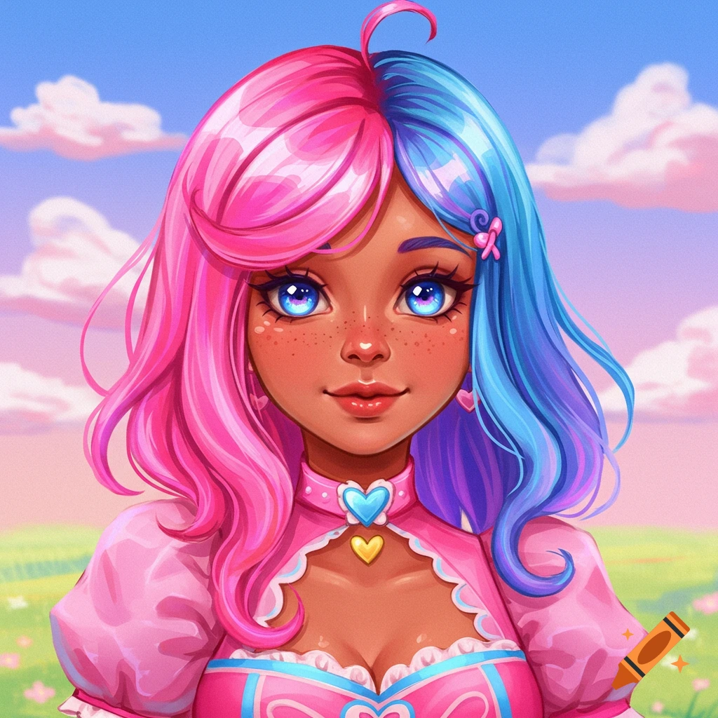 A young woman with pink and blue hair, bright blue eyes, and a pink dress in a fantasy setting.
