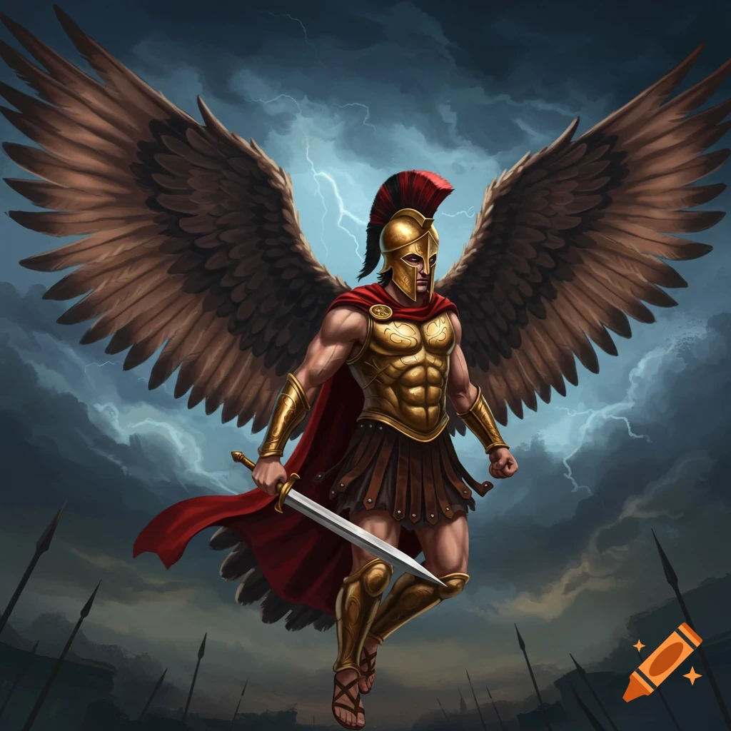 A winged Spartan warrior in golden armor holds a sword against a stormy sky.