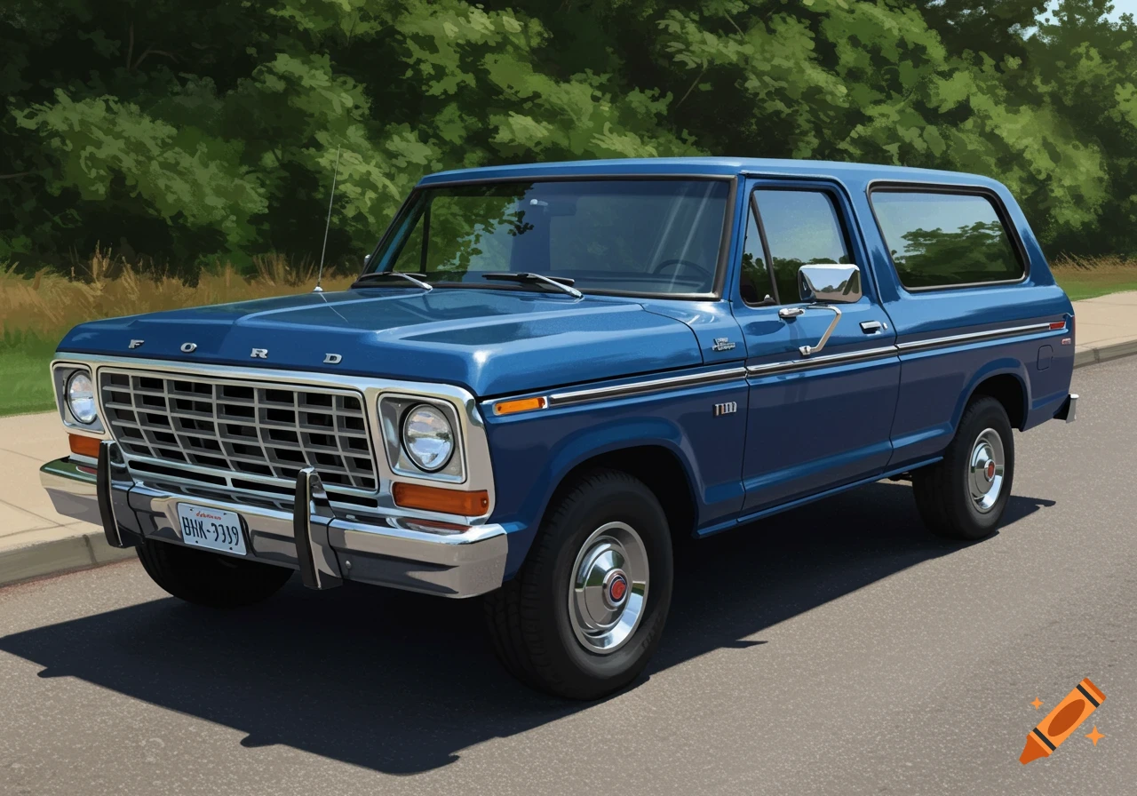 A blue vintage Ford Bronco parked on a street.