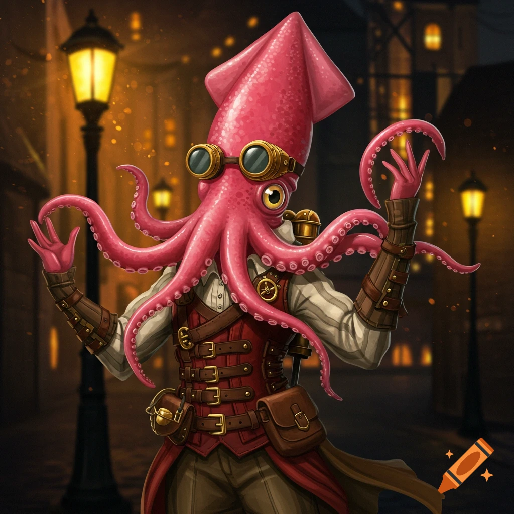 A pink squid wearing a steampunk outfit and goggles stands in a street at night.