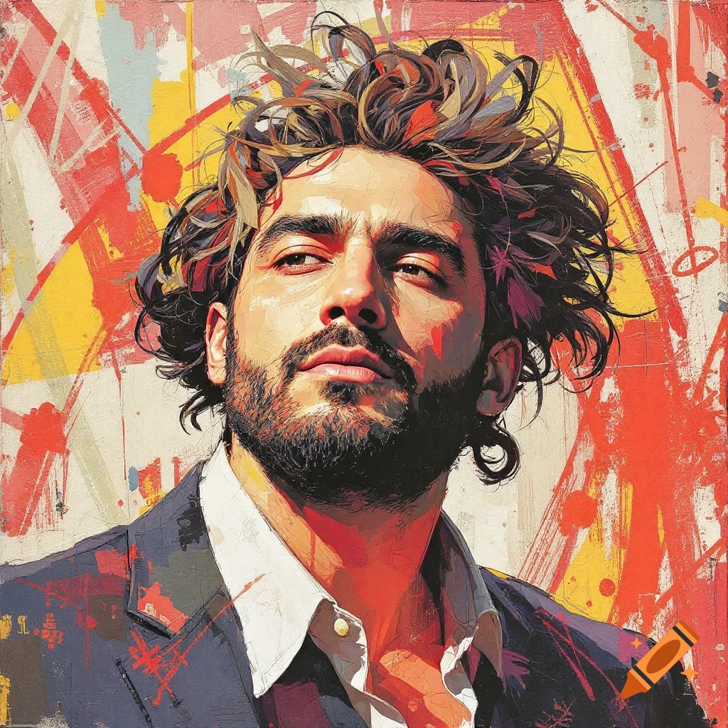 Painterly portrait of a man with messy hair and beard against an abstract background.