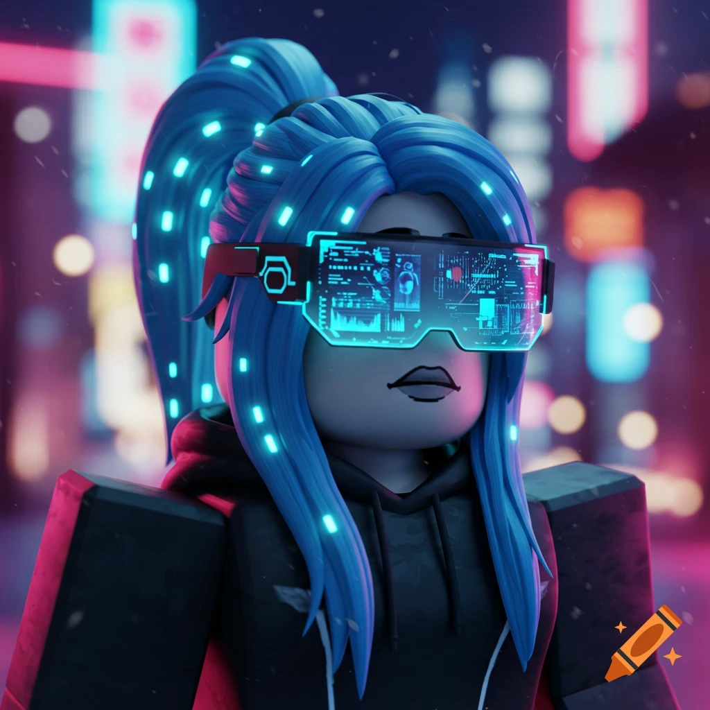 A Roblox character with bright blue hair and futuristic AR glasses looks forward in a neon-lit cyberpunk city at night.