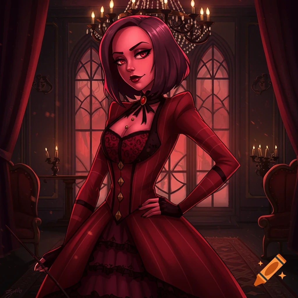An illustration of Carmilla Carmine from Hazbin Hotel in a red gothic dress standing in a dark room.