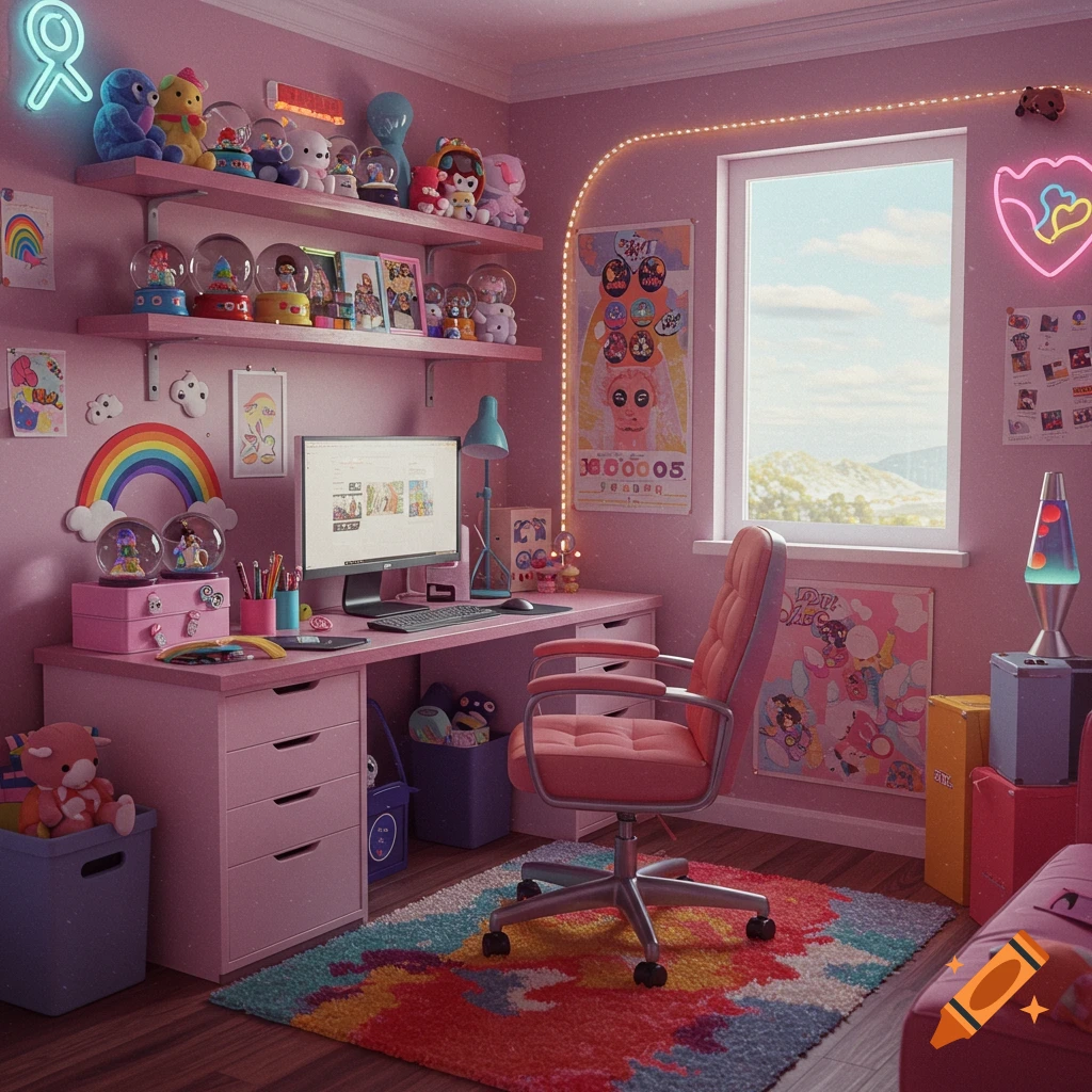 A pink bedroom office with shelves of toys, desk, chair, colorful rug, and nostalgic decorations like neon signs and a lava lamp.