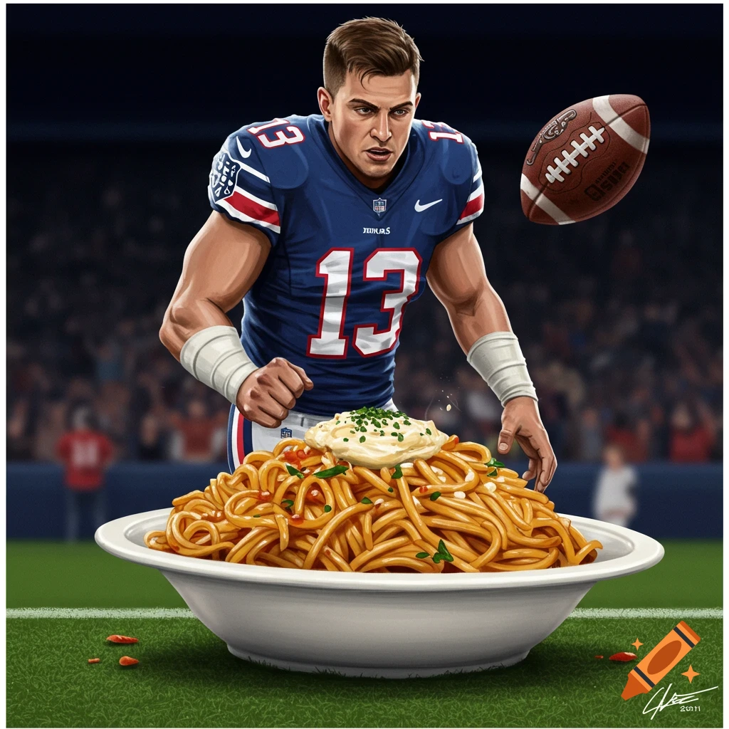 Illustrative depiction of an American football player standing over a giant bowl of spaghetti with a football in the air.