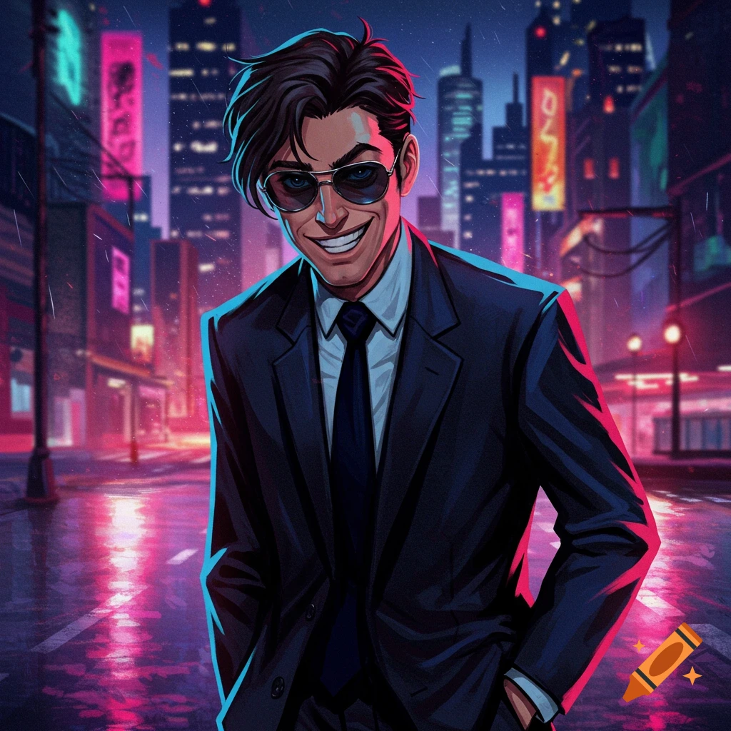 A man in a suit and sunglasses smiles in a neon-lit city street at night, illustration style.
