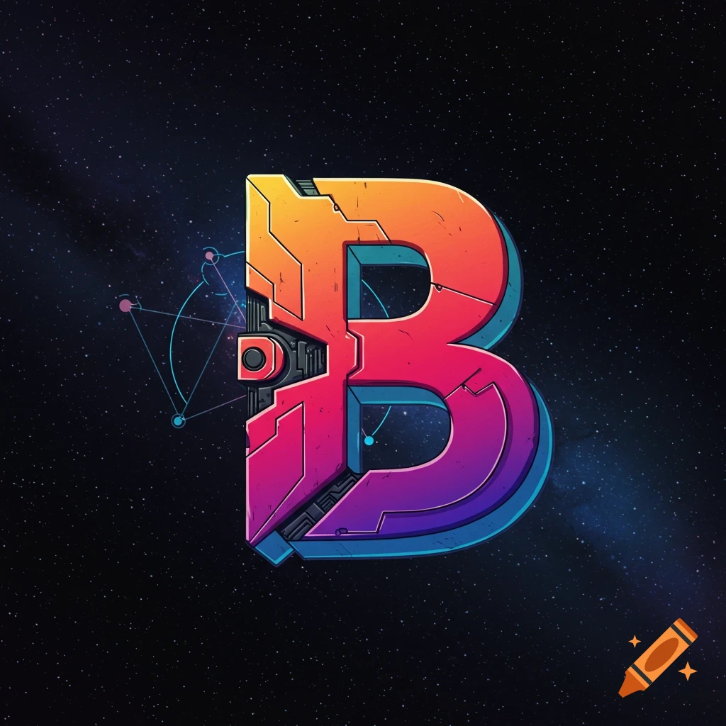 Stylized futuristic letter B against a starry space background.