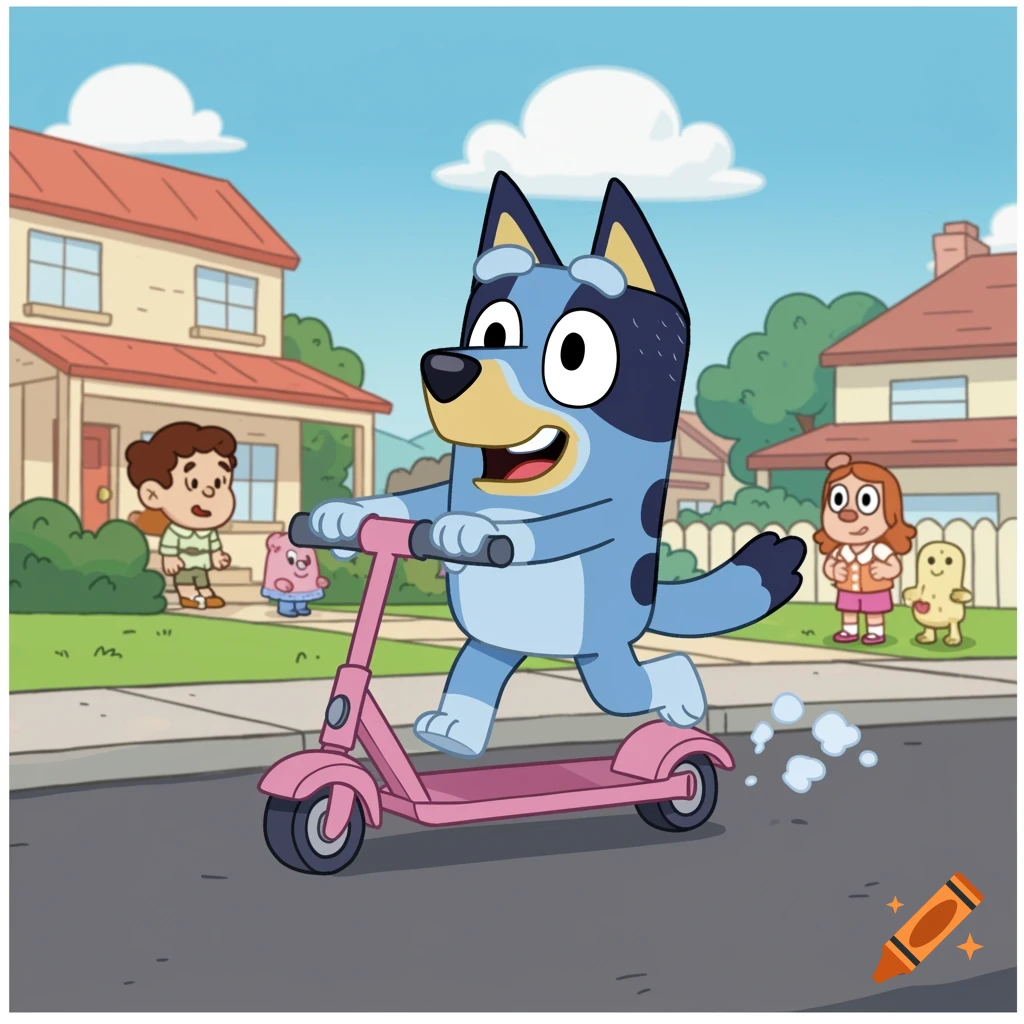 Bluey cartoon character on a scooter