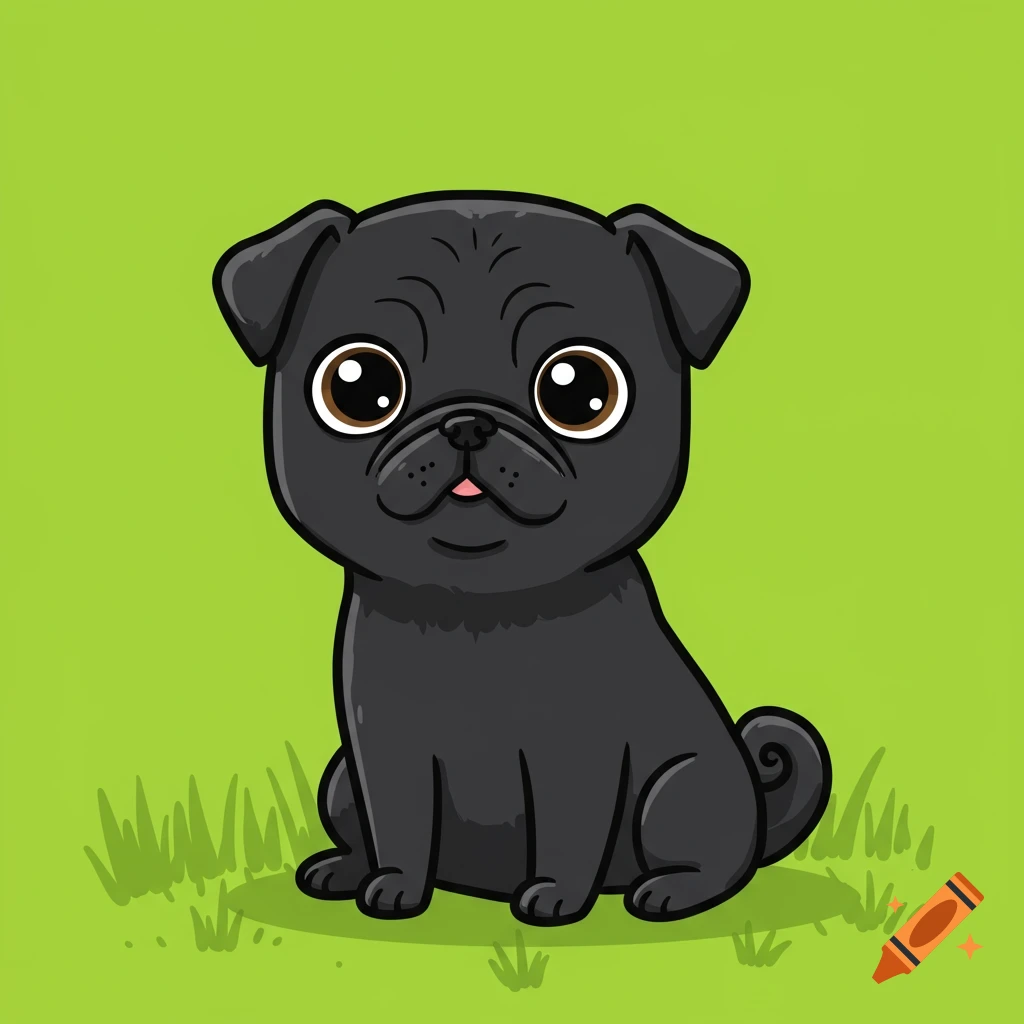 Cute cartoon black pug sitting in green grass
