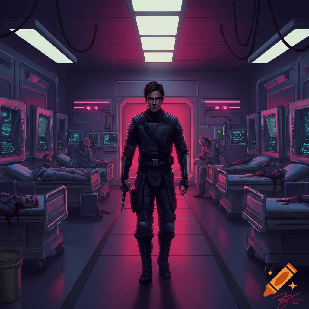 80s Star Wars style movie poster with ninja, hospital beds, and computers