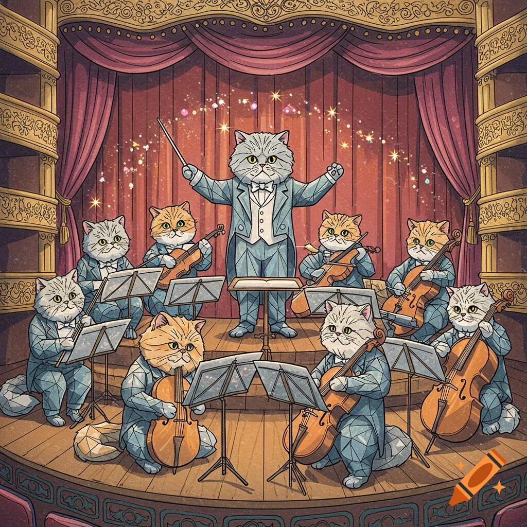 Illustration of cats in suits playing instruments in an orchestra on a theater stage.