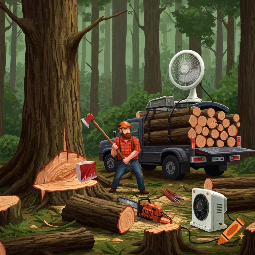 An illustration shows a lumberjack chopping a large tree in a forest, next to his truck loaded with logs and a fan.